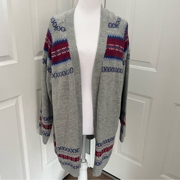 Lane Bryant Open Front Fair Isle Cardigan 14/16 Gray Red Metallic Thick Knit NWT - Picture 2 of 16